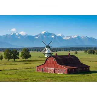 A landscape with a red barn in the foreground at large scale