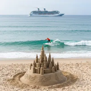 A beach scene with a sandcastle in the foreground, a surfer 