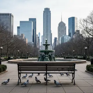 A city park with a park bench and pigeons in the foreground,