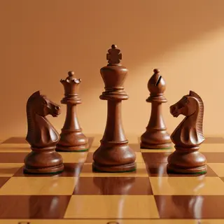 Five chess pieces on a board: a king in the center, a queen 