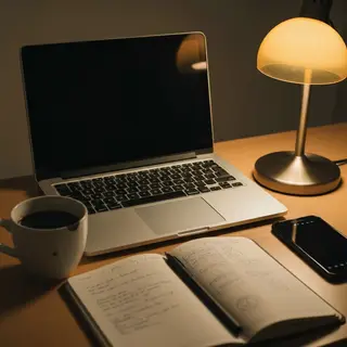 A desk scene: laptop in the center, coffee mug to the left, 