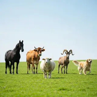 Five animals in a field: a horse on the far left, a cow to t