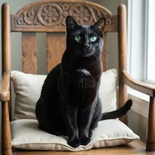 A cat sitting on a pillow, the pillow placed on a wooden cha