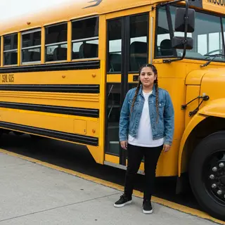 A person standing next to a yellow school bus, showing reali