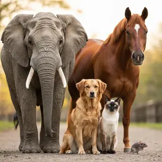 A group photo of an elephant, a horse, a dog, a cat, and a m