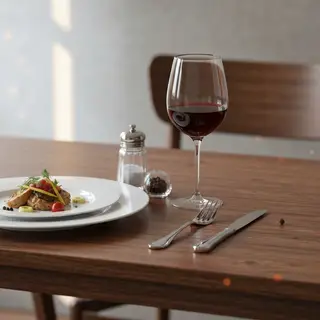 A dinner table scene with a plate, fork, knife, wine glass, 