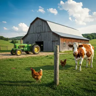 A farm scene with a barn, tractor, farmer, cow, chicken, and