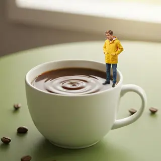 A tiny person standing on the rim of a coffee cup, looking d