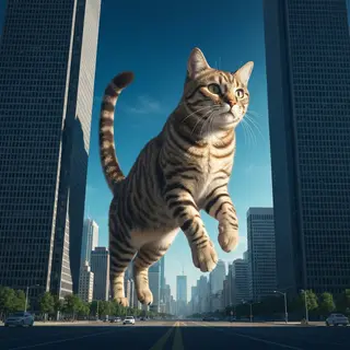 A giant tabby cat walking between city skyscrapers like a ka