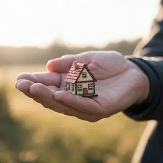 A miniature house sitting on the palm of someone's hand