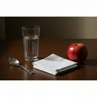 A still life on a wooden table featuring a clear glass of wa