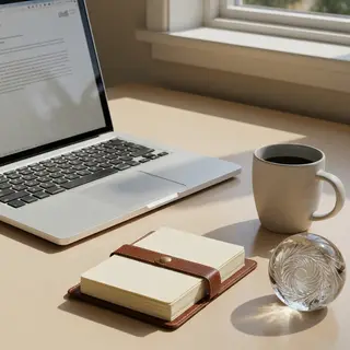 A workspace desk with a brushed aluminum laptop, a leather-b