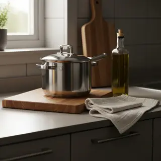 A kitchen counter with a stainless steel pot, a wooden cutti