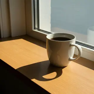 A coffee mug on a sunny windowsill casting a sharp shadow to