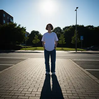 A person standing outdoors at midday with a short shadow dir