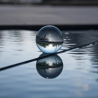 A clear glass sphere sitting on a mirror surface near a pool
