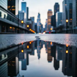 A city skyline reflected in a rain puddle on a street, with 