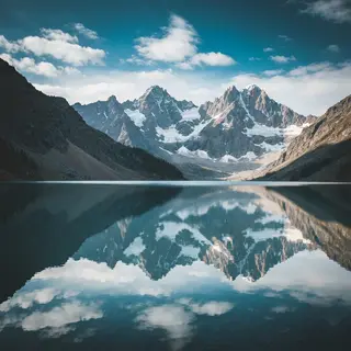 A mountain range reflected in a still alpine lake, with the 