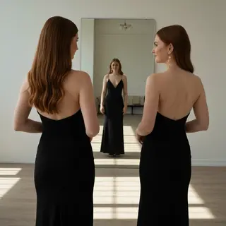 A woman standing in front of a full-length mirror, her refle