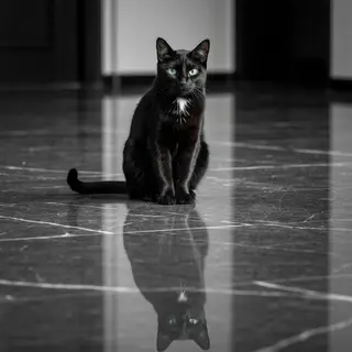 A cat sitting on a polished marble floor with its reflection