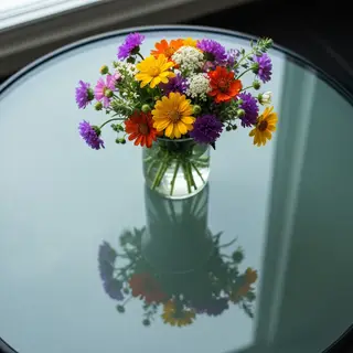 A vase of flowers on a glass table with a clear reflection v