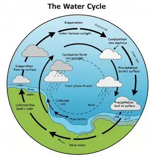 A detailed diagram of the water cycle showing evaporation fr