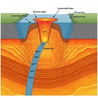 A cross-section showing tectonic plates at a convergent boun