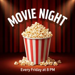 A movie night poster with a large popcorn image in the cente