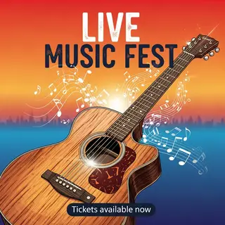 An event poster featuring a guitar illustration, the headlin