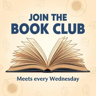 A book club poster with an open book illustration, the title