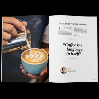 A magazine double-page spread with a left page containing a 