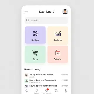 A mobile app UI mockup showing a dashboard with a top naviga