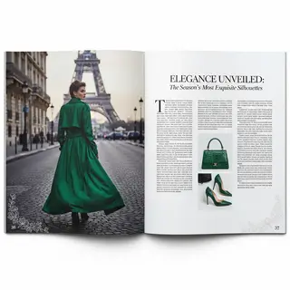 A fashion magazine spread with a full-bleed left-page photo,