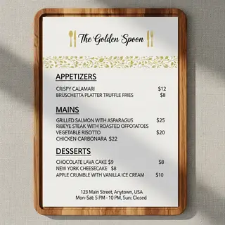 A restaurant menu layout with a logo header, three category 