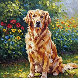 A golden retriever sitting in a garden, painted in the style