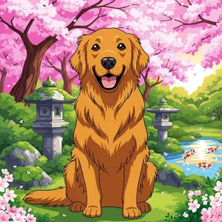 A golden retriever sitting in a garden, rendered in Japanese