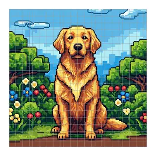 A golden retriever sitting in a garden, rendered in pixel ar