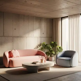 An interior scene rendered in soft brutalism — raw concrete 