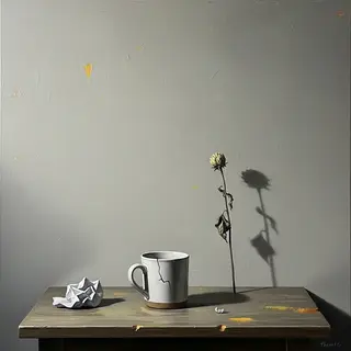 A still life painted in anxious minimalism — sparse composit
