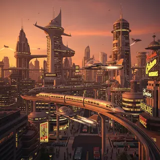 A cityscape rendered in nostalgic futurism — retro-futuristi