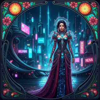 A woman in a futuristic city rendered in cyberpunk Art Nouve