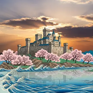 A medieval castle depicted in Japanese ukiyo-e woodblock pri