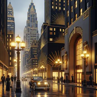 A city street scene in the style of Art Deco — geometric sha
