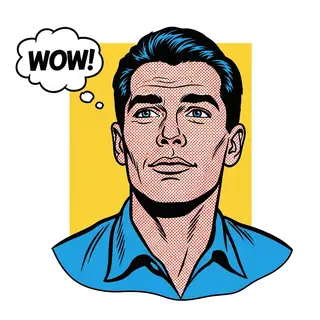 A portrait of a man in Pop Art style — bold outlines, Ben-Da
