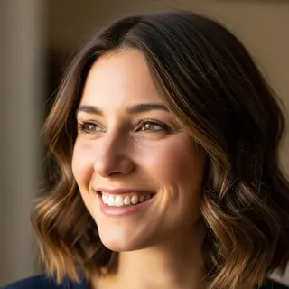 A close-up portrait of a young woman with a warm natural smi