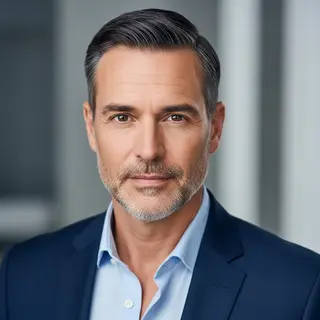 A portrait of a middle-aged man with a calm, serious express