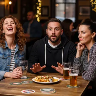 A group of three friends at a table: one laughing with head 