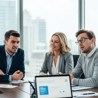 Three coworkers in a meeting: one looking frustrated with fu
