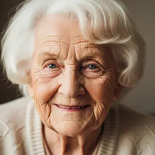 An elderly woman in her 80s with deep wrinkles and white hai