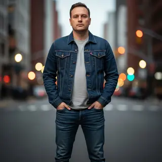 A man standing straight facing the camera, hands in pockets,